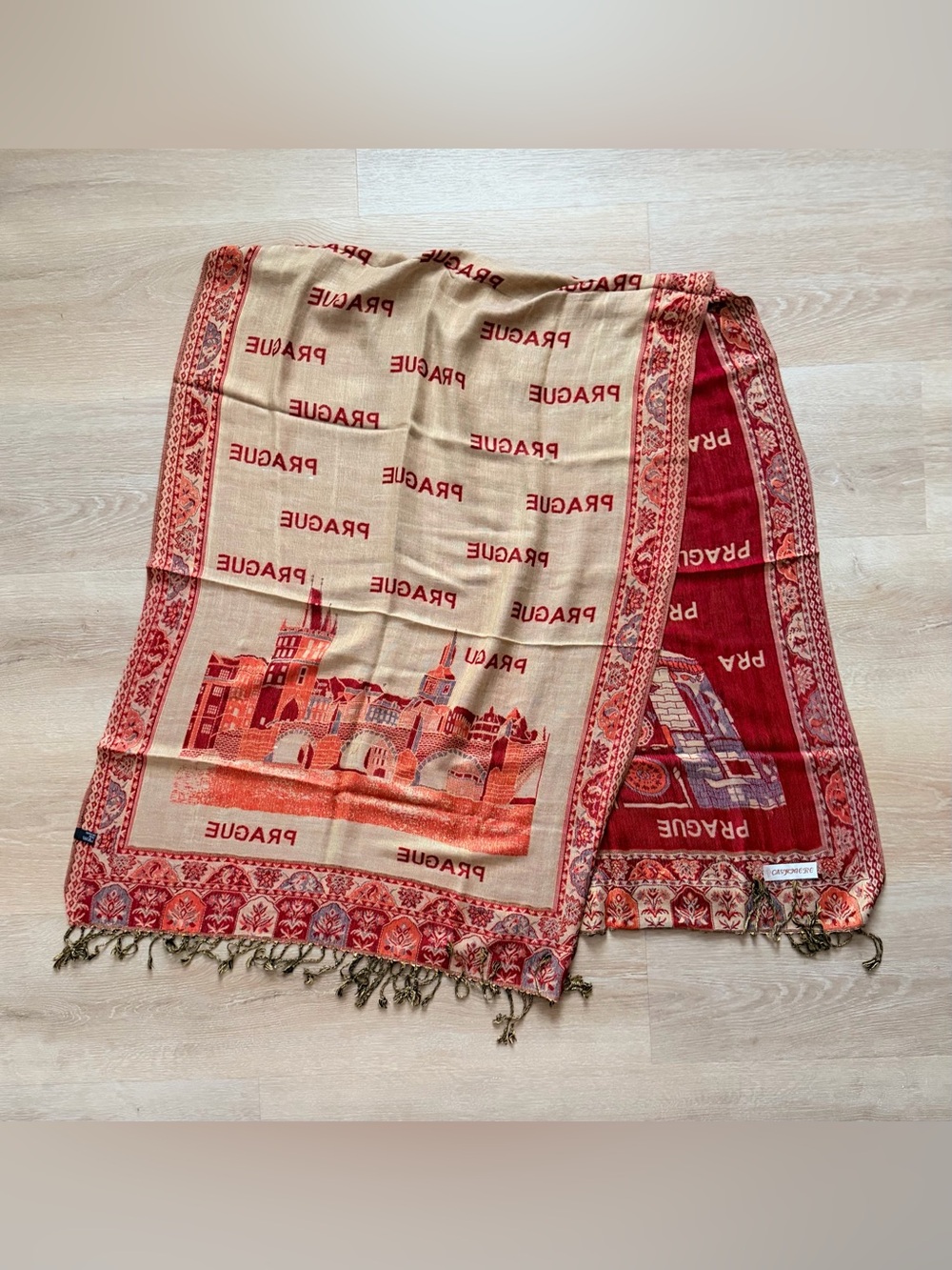 Vintage Cashmere Silk Blend Pashmina Scarf Prague Print Wrap 26x72 Large - Picture 6 of 8